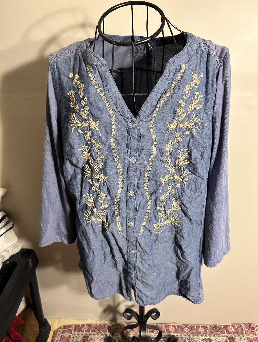 boho size 1x 1 x womens  shirt blue t blouse denim look